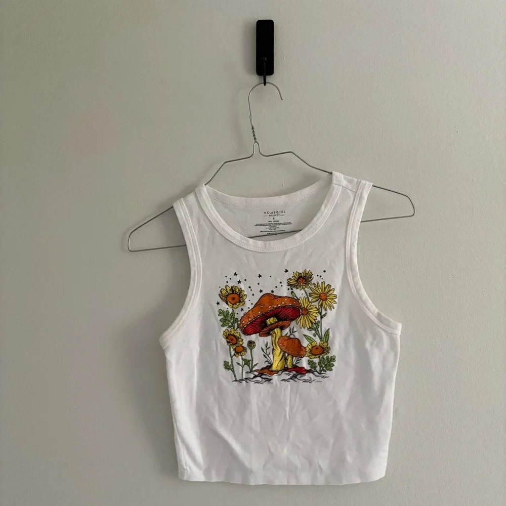 Homegirl Society • Cropped White Tank with Floral/Mushroom Design - Picture 1 of 3